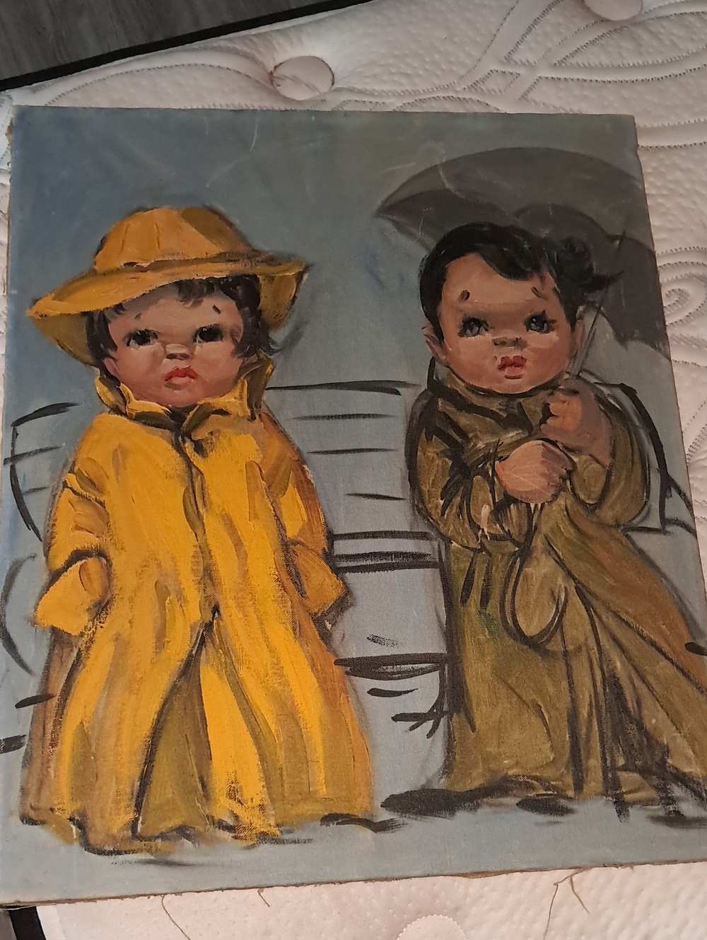 Vintage Rainy Day Child Painting In Original Frame. Approx. 22" Tall X 19" Wide